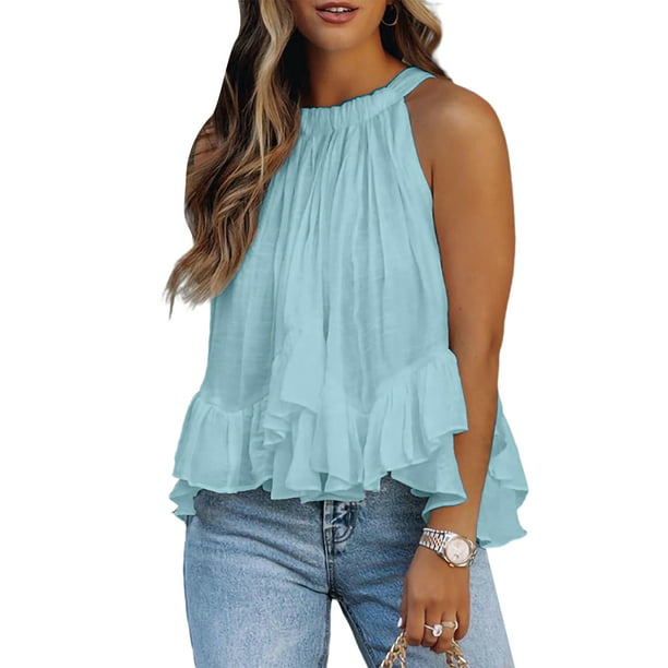 Summer New Women Sleeveless Solid Color Ruffled Casual Irregular Tops Blouses